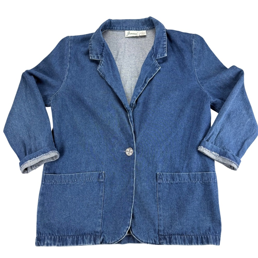 Vintage Joanna Denim Blazer Jacket Blue Cotton Single Button Shoulder Pads M